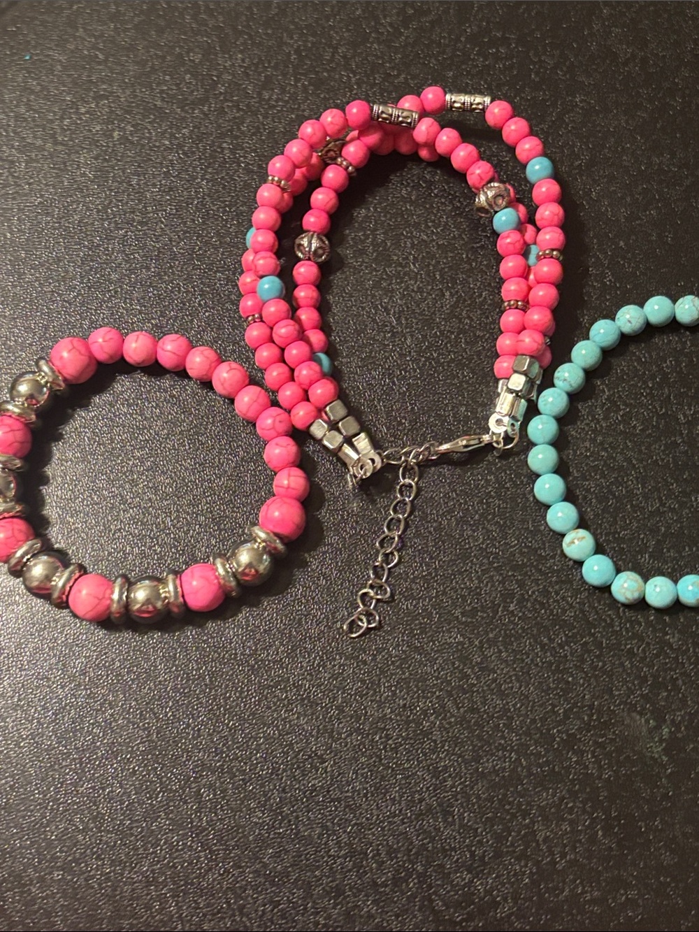 Pink and Blue Stone Beaded Stackable Bracelets with Silver Accents - Picture 2 of 13